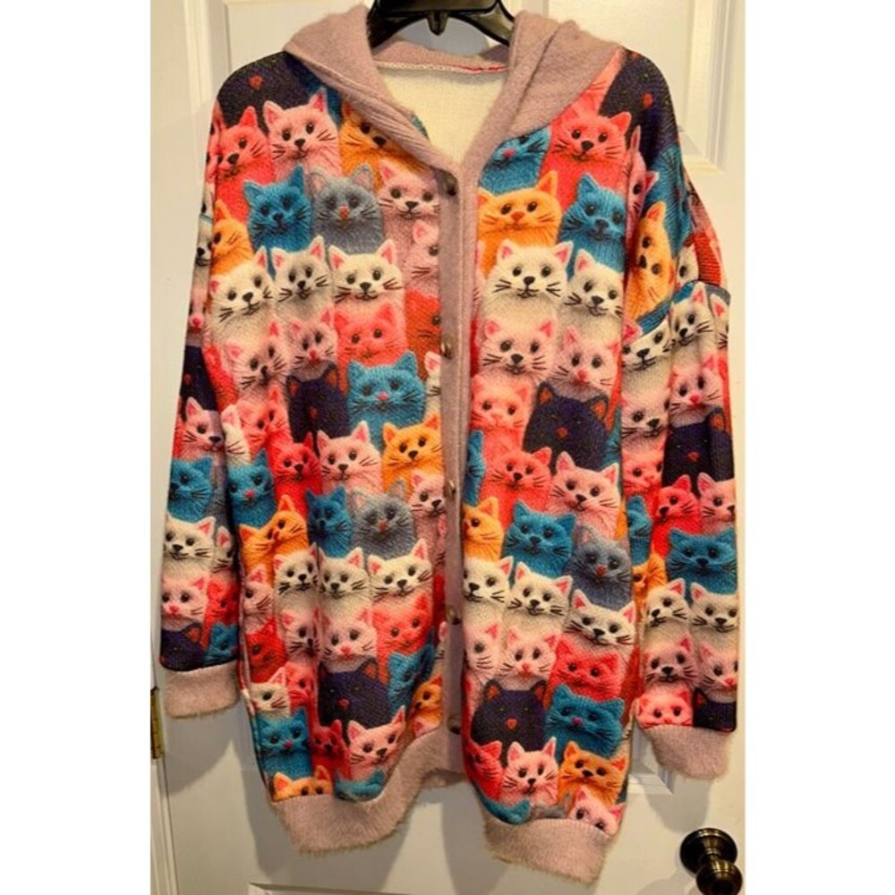 VChics Colorful Spring Cats Pattern Cozy Hooded Cardigan